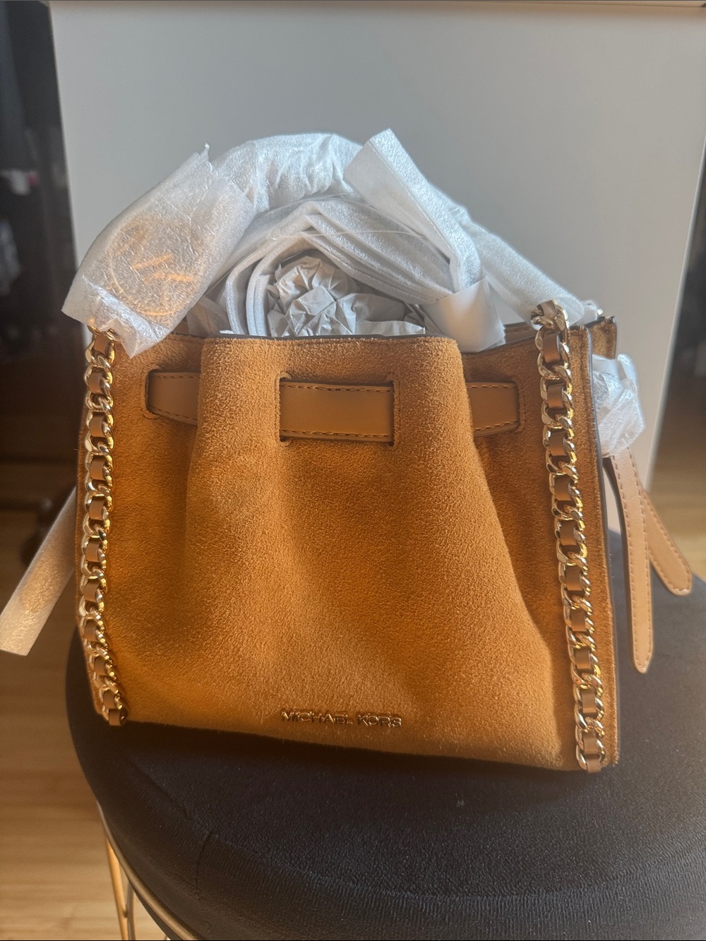 Michael Kors Suede Mini Bucket Bag in Cognac with Gold Chain - NWT
